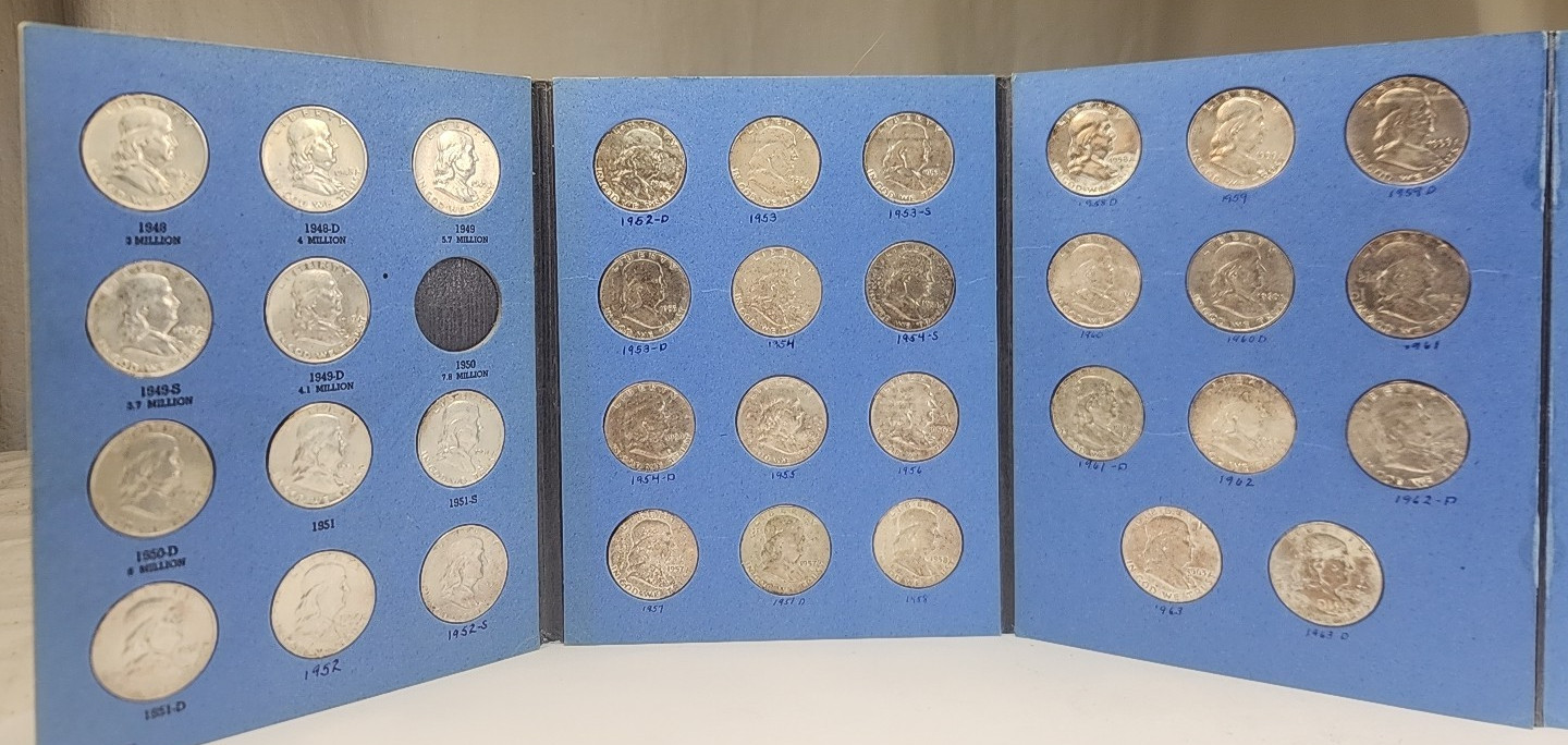 1948 - 1963 Franklin Half Dollars Near Complete Set 34 Coins In Album AU / BU