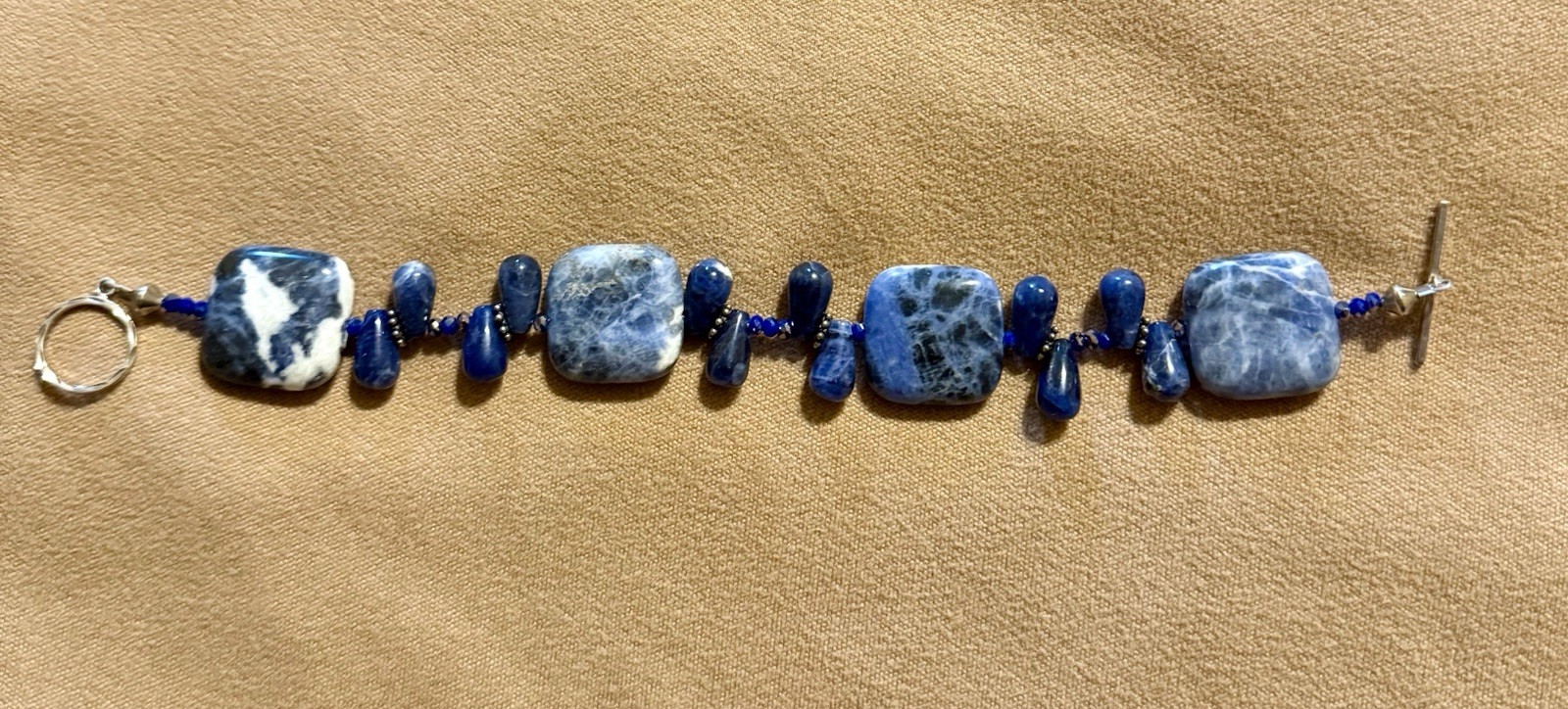 Handcrafted Sodalite Gemstone Beaded Bracelet 925 Sterling Silver Toggle