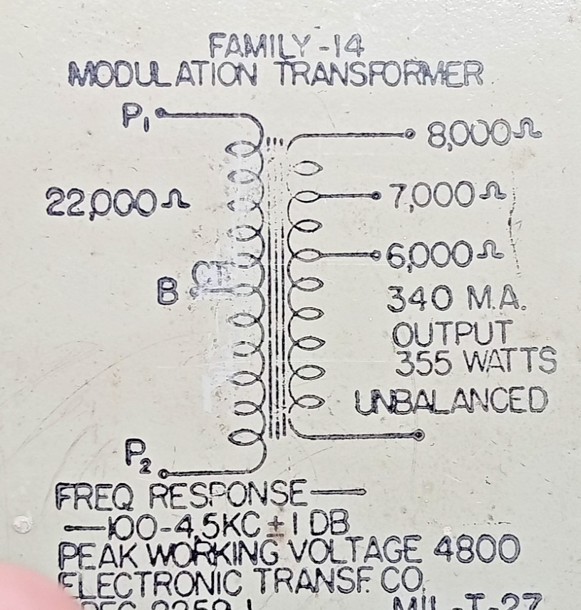 MODULATION TRANSFORMER    Pri - 22.000 Ω @ C.T. @ 340 MA @ 355 WATTS