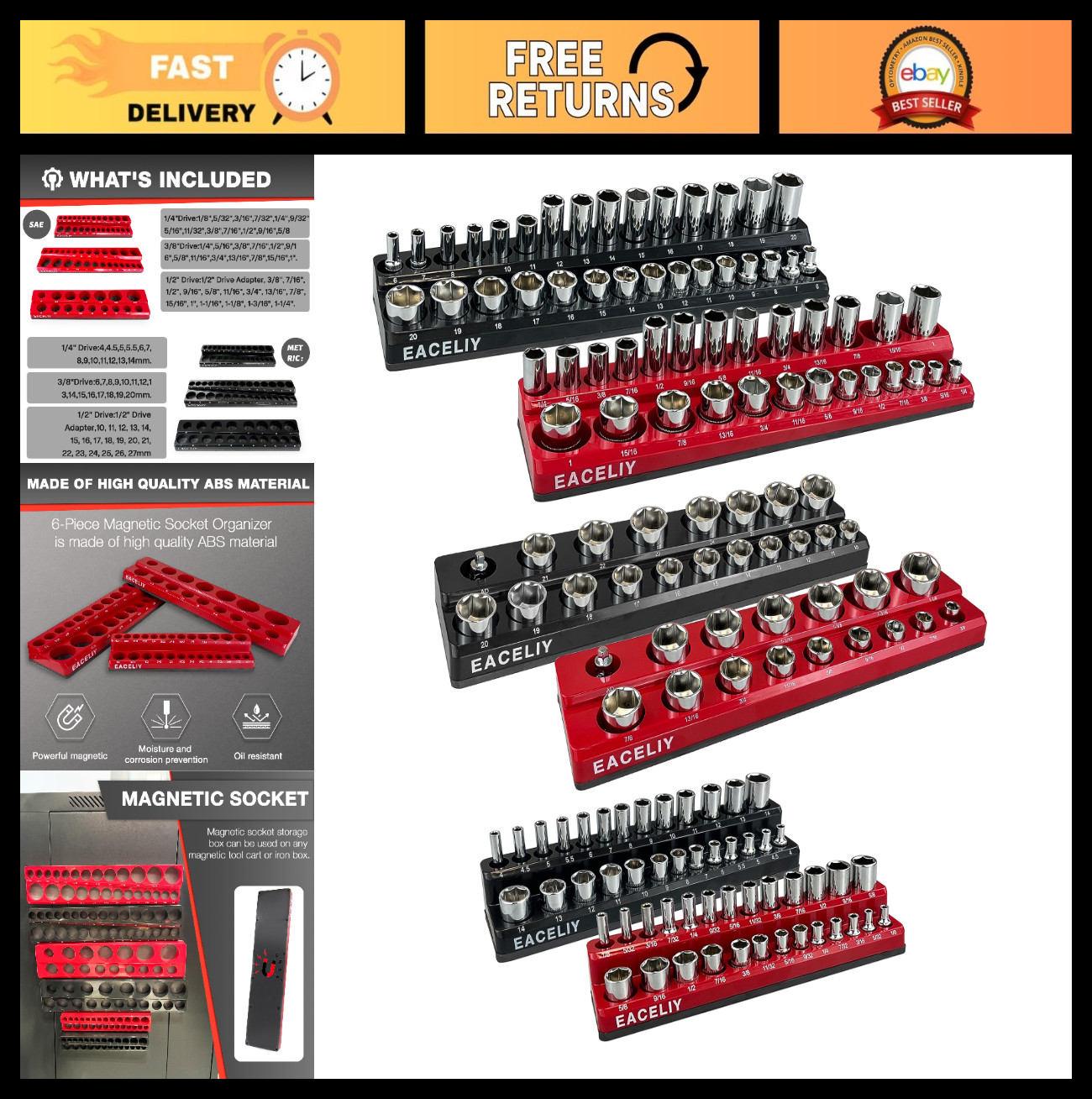 Magnetic Socket Organizer Set - 1/2", 1/4", 3/8" SAE & Metric Holder Kit, 6PCS
