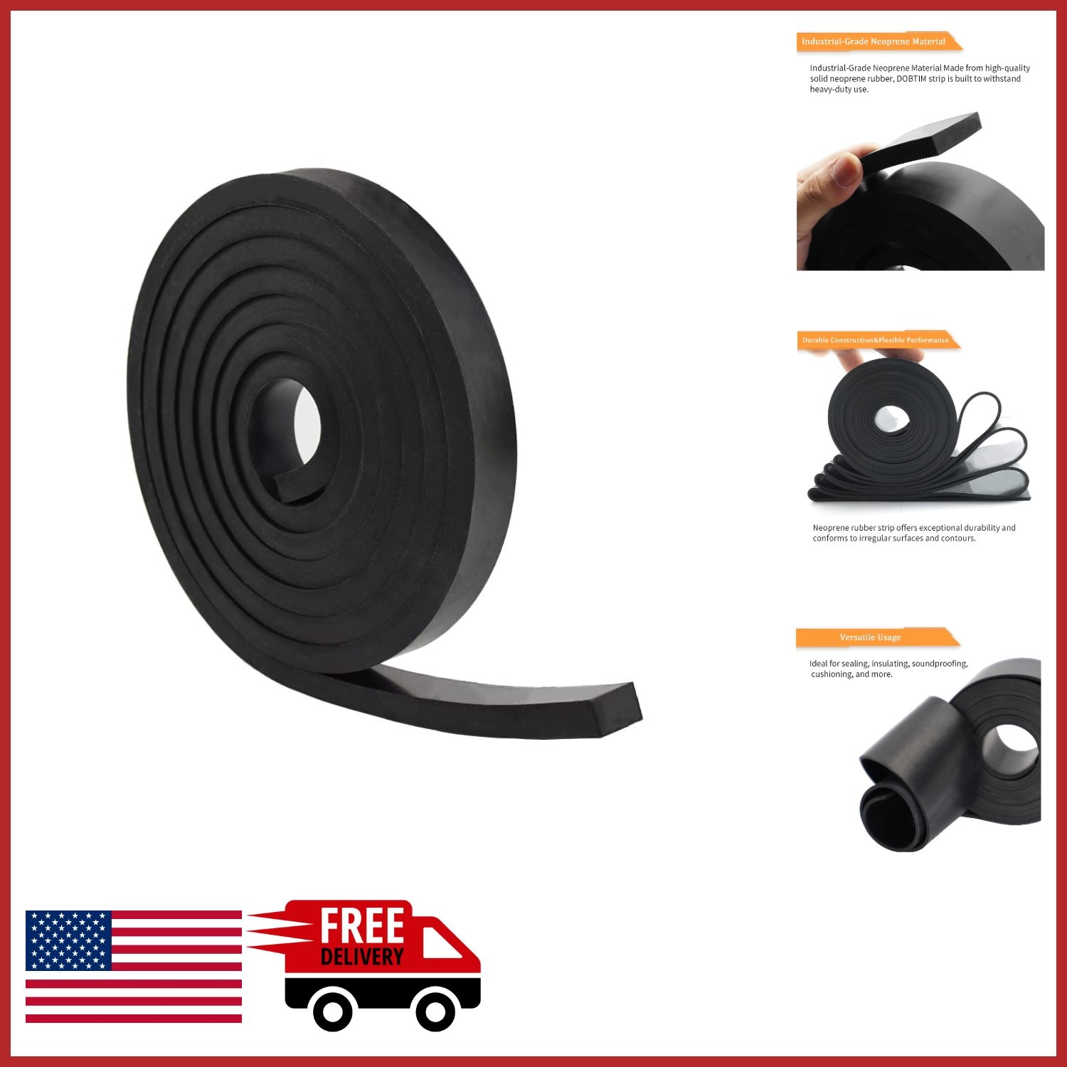 Solid Rubber Strips 1/2" Thick x 1" Wide x 10' Long for Protection and Bumpers