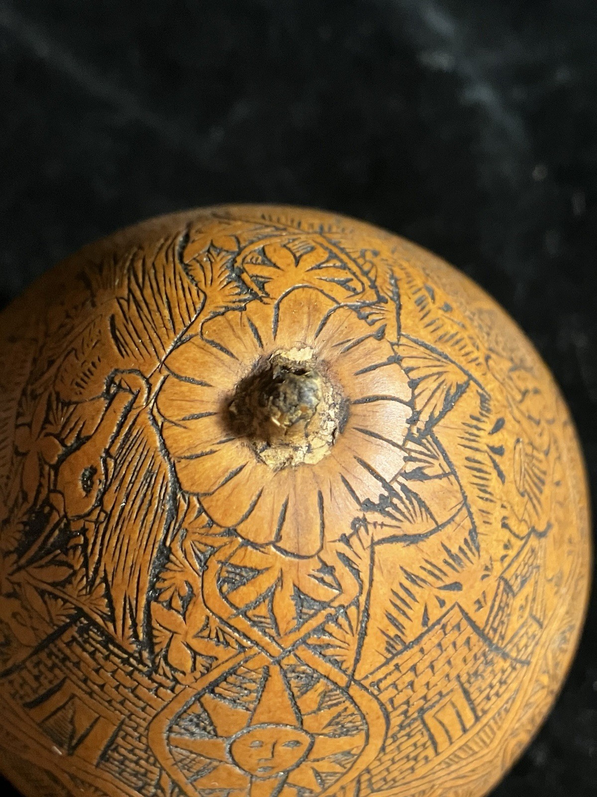 Peruvian Intricate Hand Fine Carved Etched Gourd Rattle Peruvian Culture Scenes