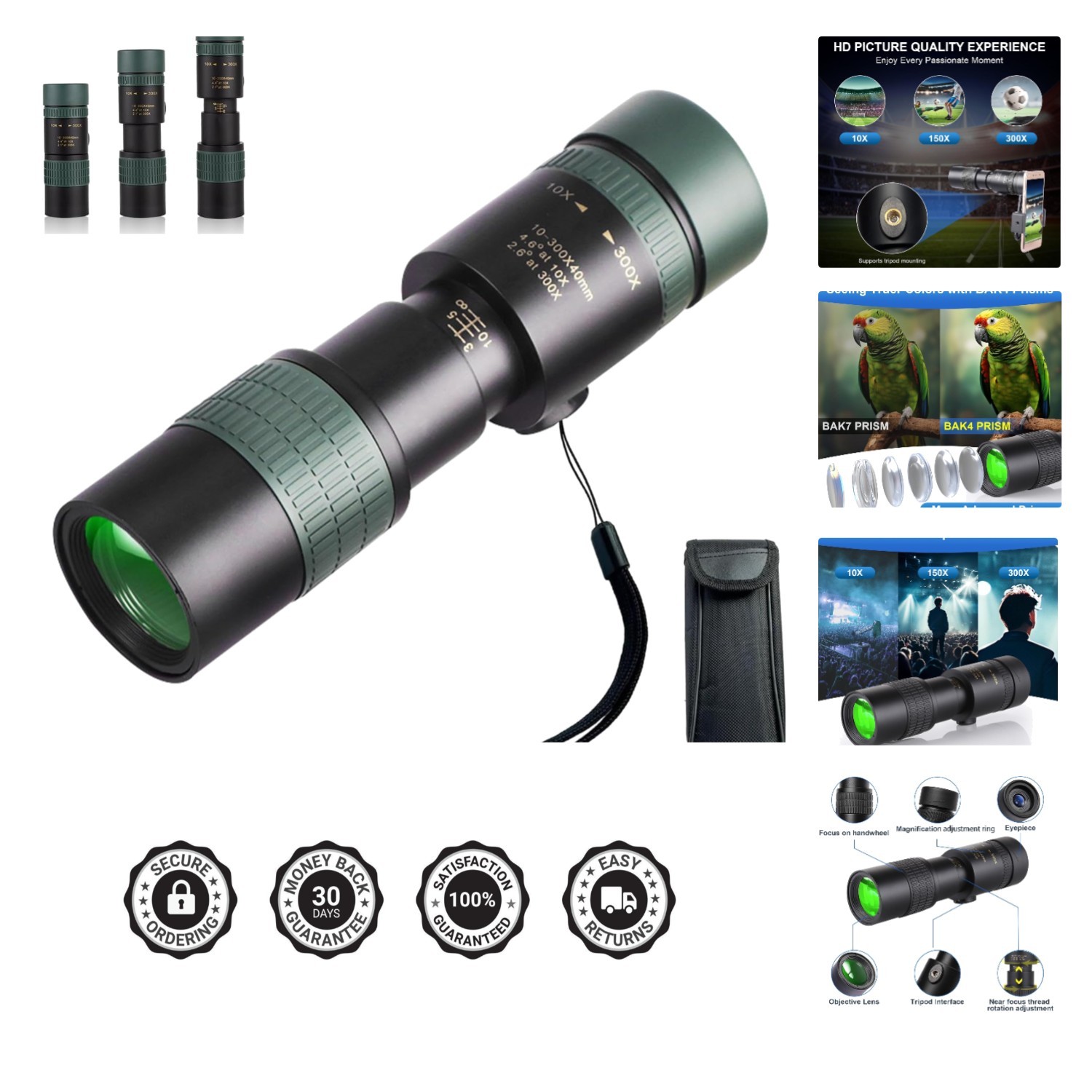 10-300x40 Monoculars for Adults High Powered–Zoom Monocular Telescope with & ...