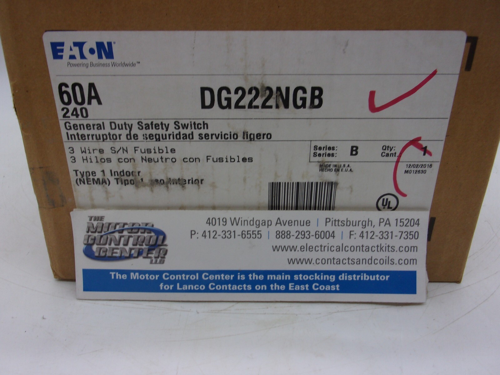 DG222NGB-EATON-GENERAL DUTY SAFETY SWITCH-2P,FUSIBLE,3 WIRE,60A,240V,NEMA 1
