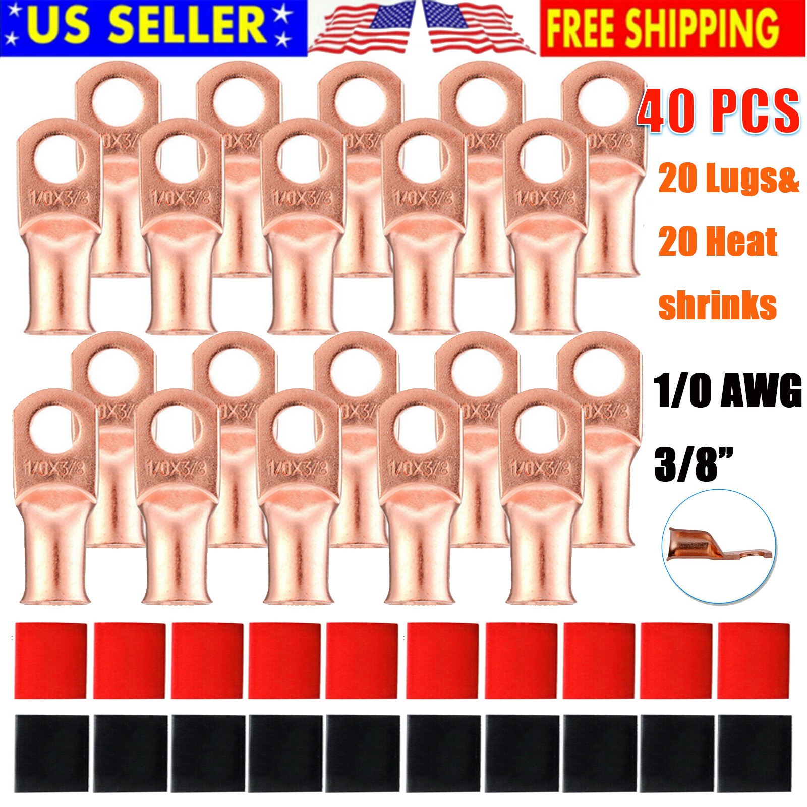 40X 1/0 AWG Gauge 3/8" Copper Lugs w/RED & BLACK Heat Shrink Ring Terminals Wire
