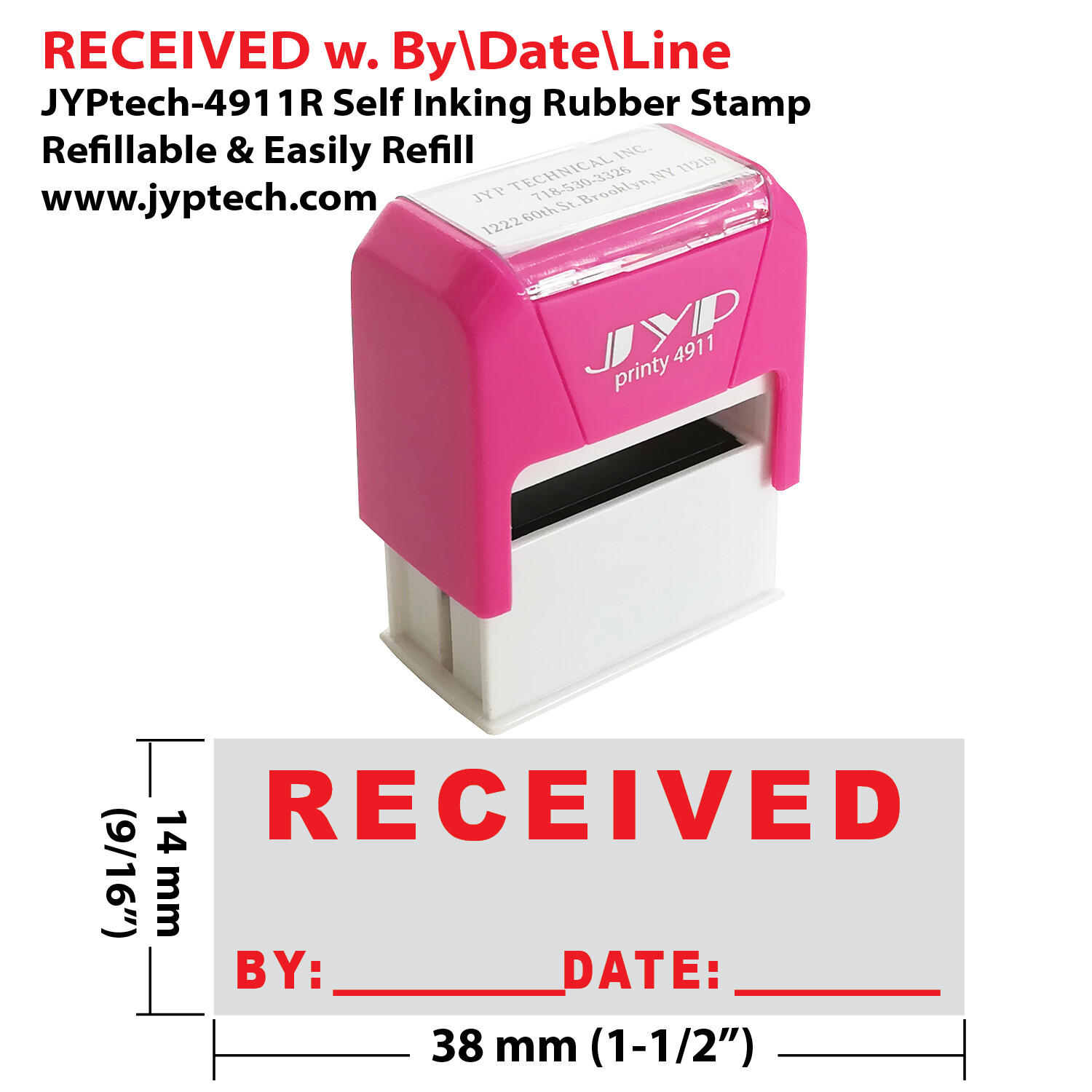 Received w. Date and By  JYP 4911R Self Inking Rubber Stamp (Red Ink)