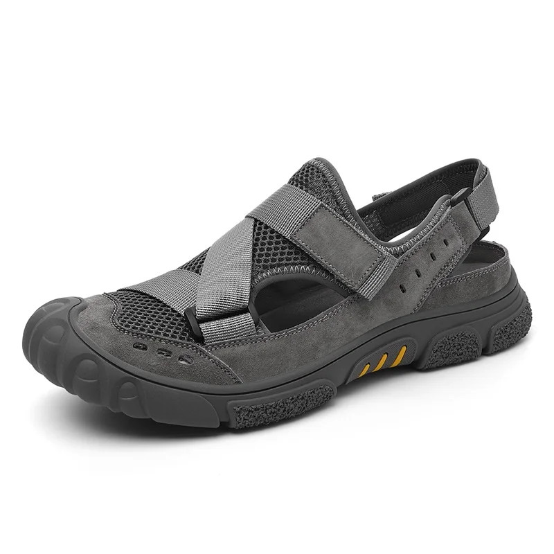 Men's Outdoor Walking Beach Mesh Lace Up Slip on Hollow Out Air Hole Sandals