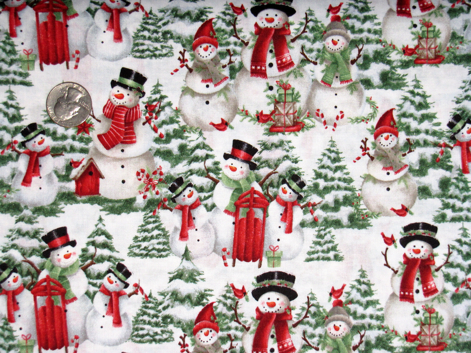 Christmas Fabric Snowman Snow Trees Spirits Bright Cotton Blank Textiles Yard