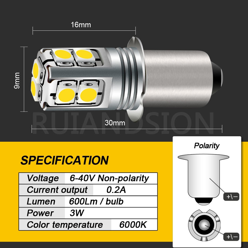 DC 6V/9V/12V/18V P13.5S 3030 LED Torch Flashlight Bulb Working Lamp Warm/ White