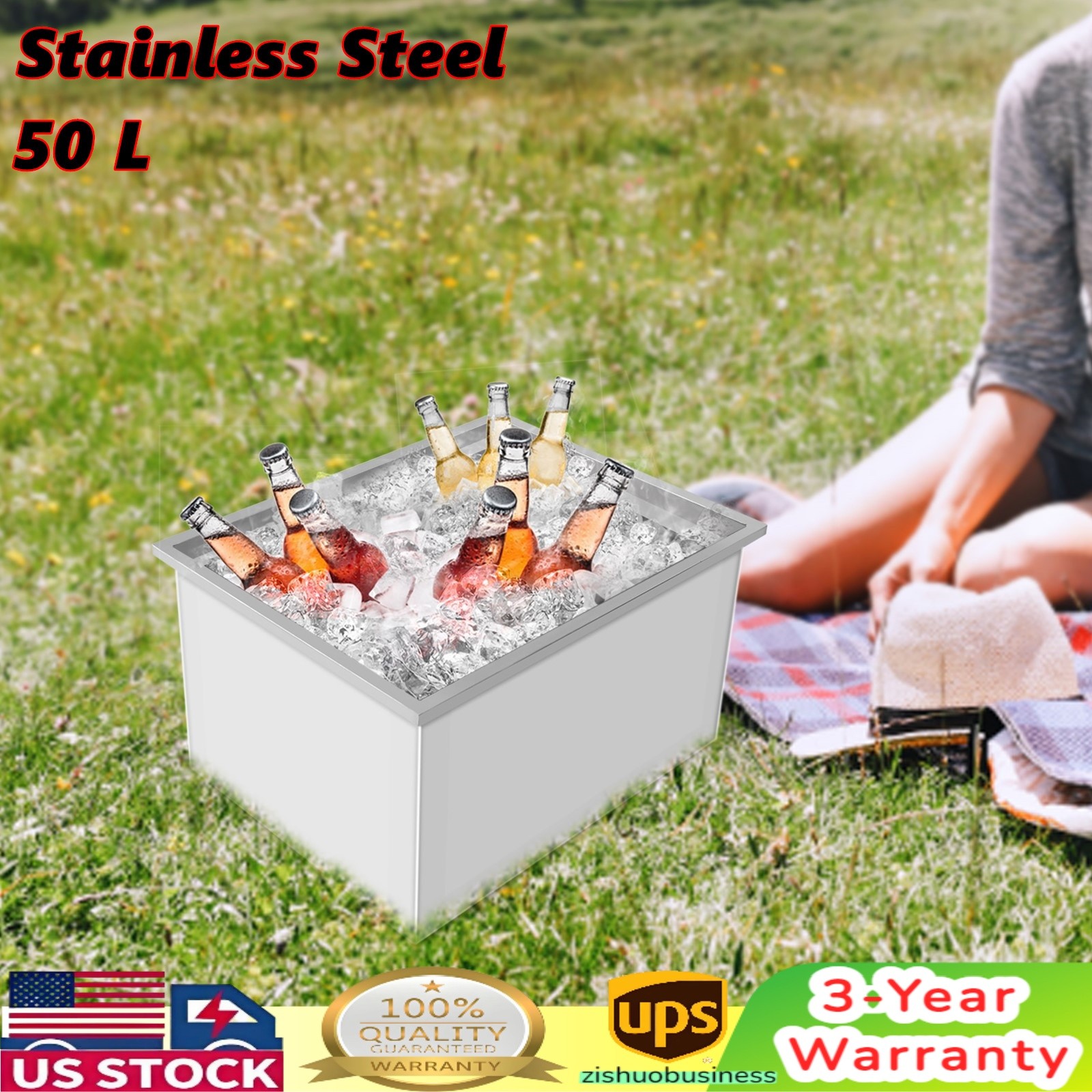 50L Drop-in Ice Chest 304 Stainless Steel Ice Bin Cooler For Food Beer Drink