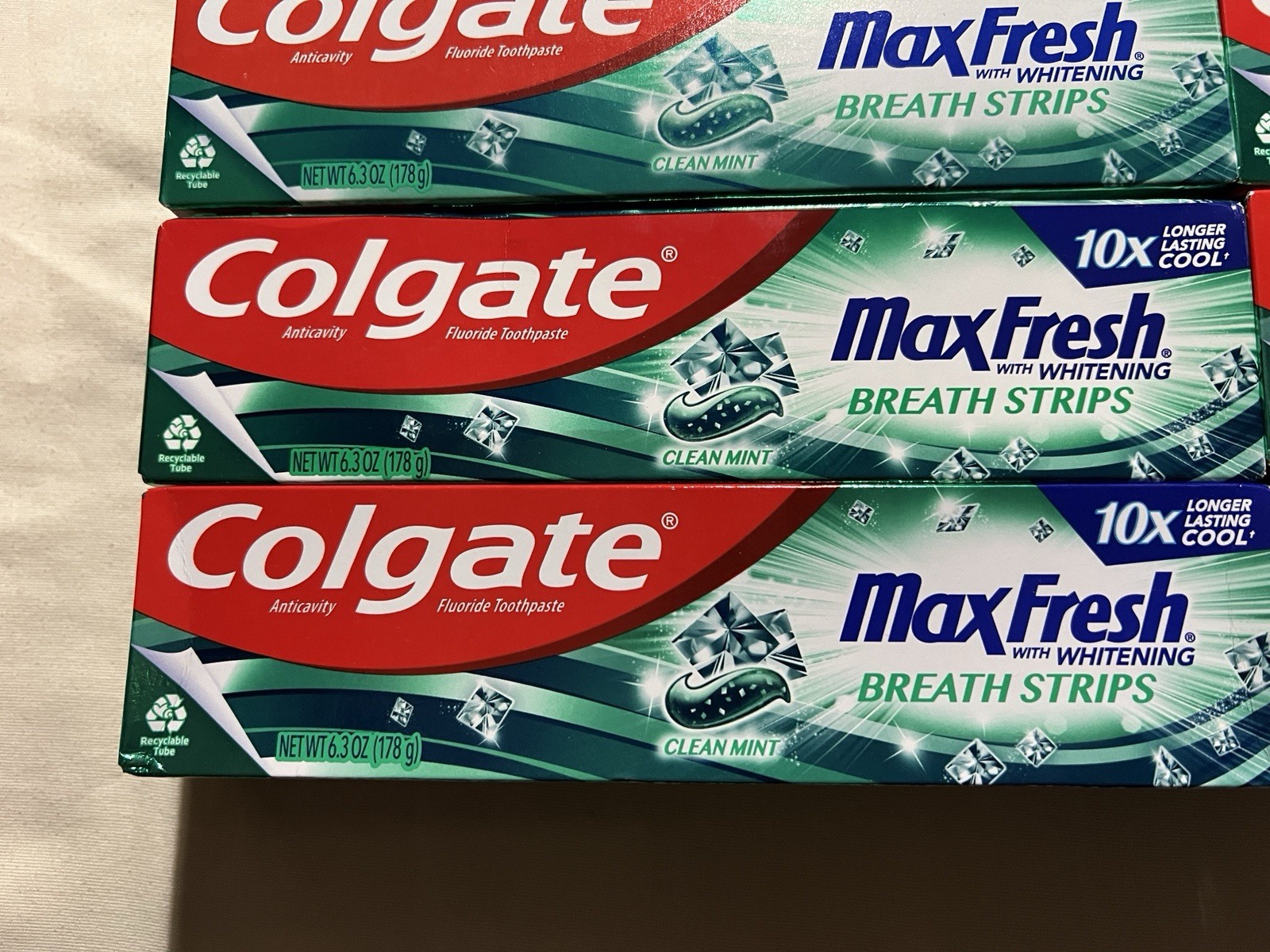 Pack Of 10 Colgate MaxFresh Whitening Breath Strips Clean Mint Toothpaste 6.3 Oz