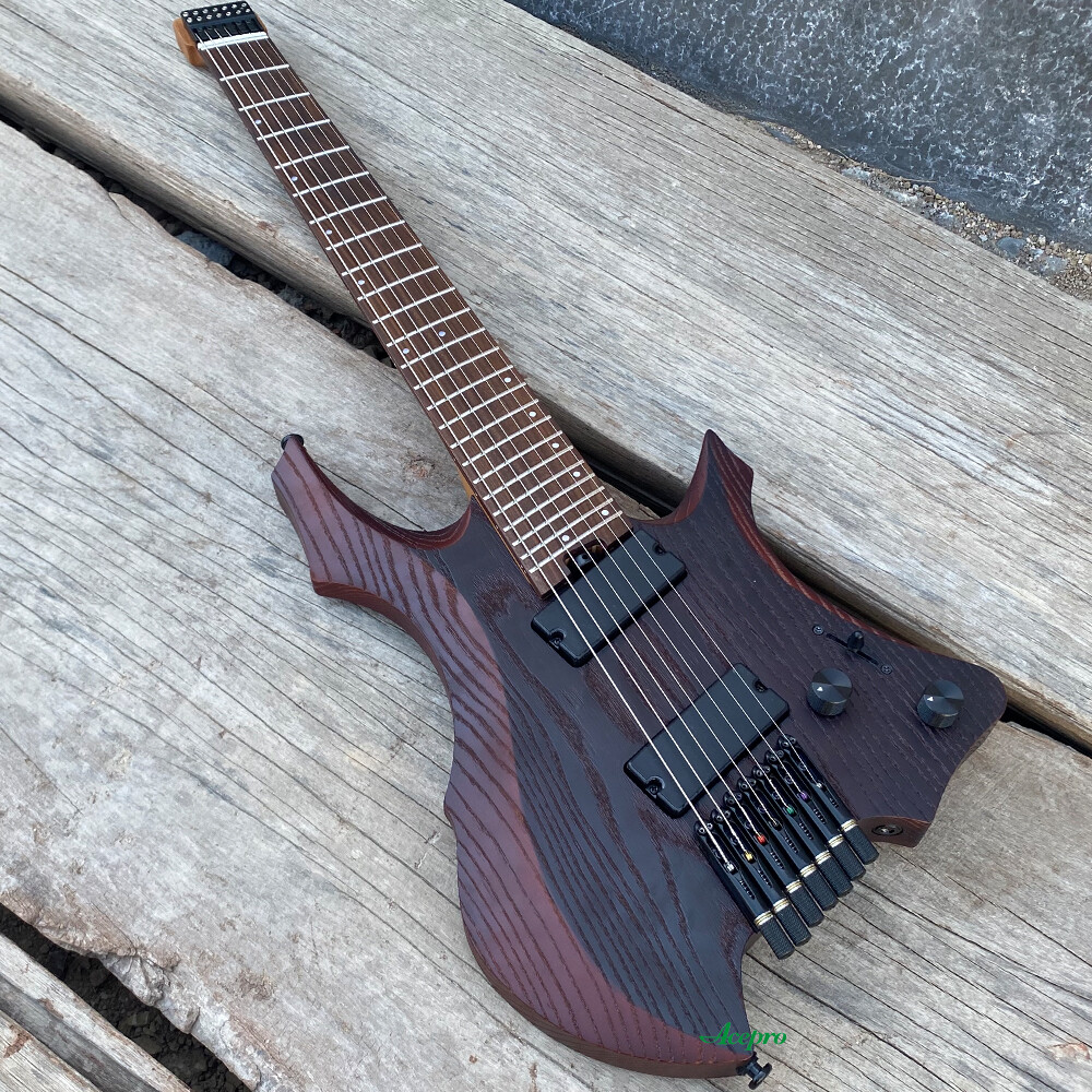 7 String Brown Headless Electric Guitar Active Pickups Fanned Frets 9 Piece Neck