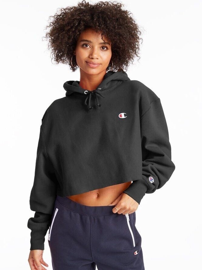 Champion Women's Reverse Weave Cropped Cut Off Hood Black XS crop top