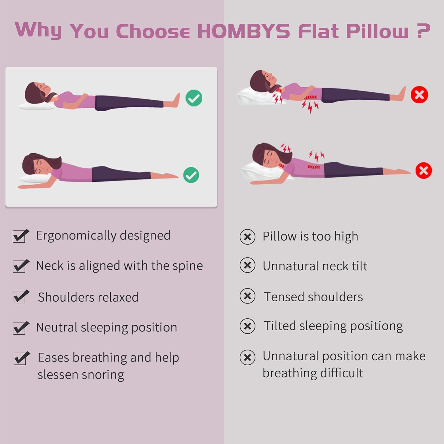 Ultra Thin Flat Pillow for Sleeping, Thin Pillow for Back Sleeper, Supportive St