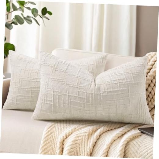Fall Chenille Throw Pillow Covers 12x20 Set 20" x 12" (Pack of 2) Cream White