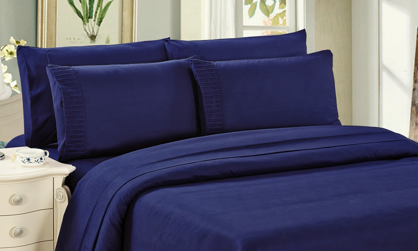 Bamboo 6 Piece Bedding Super Soft Wrinkle Free Sheet Set, Double Full, Navy Blue