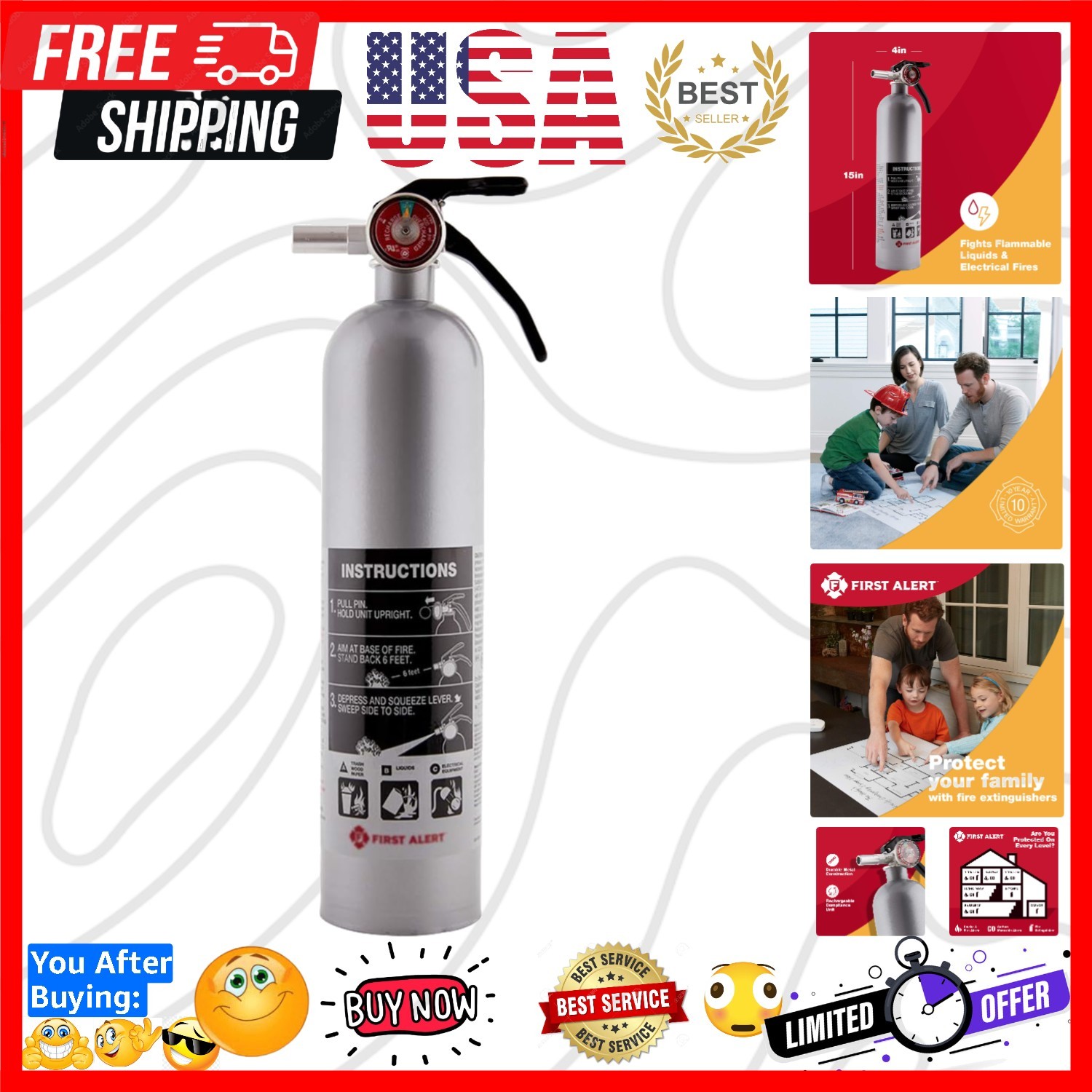 DHOME1 Rechargeable Standard Home Fire Extinguisher,  Rated 1-A:10-B:C, Pewter