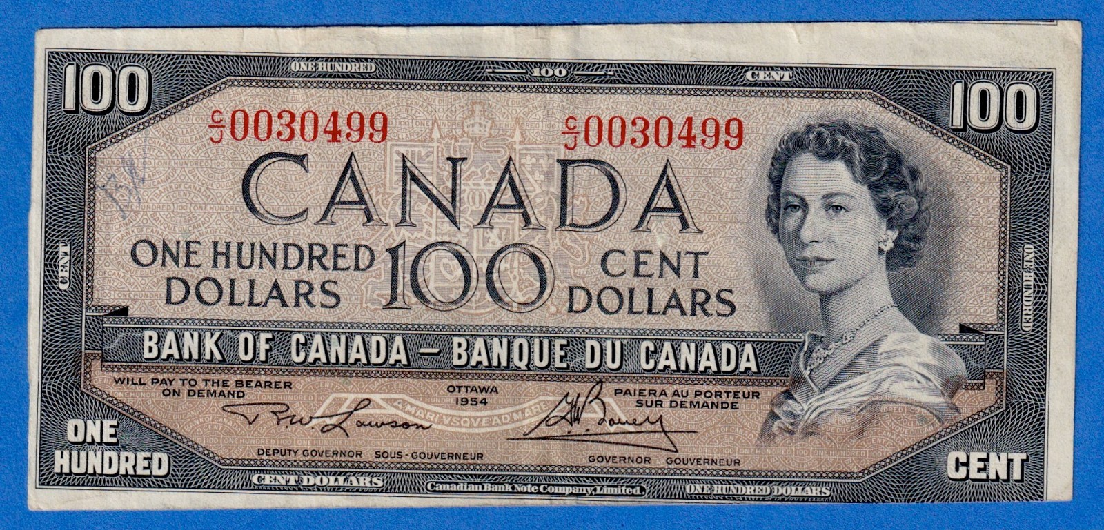 Canada $100 1954 BC-43c / P-82c - QE II - Circulated Note C/J 0030499