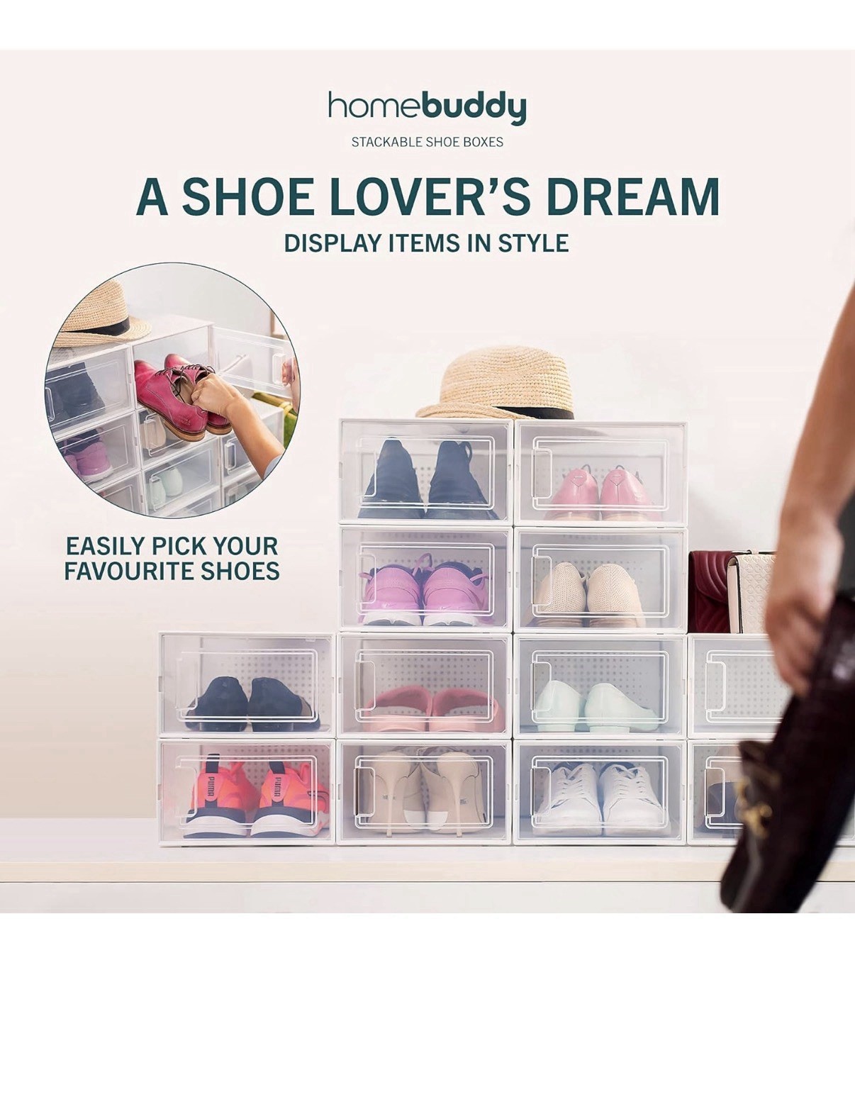 HomeBuddy Stackable Clear Plastic Shoe Storage Box Ventilation System Modern
