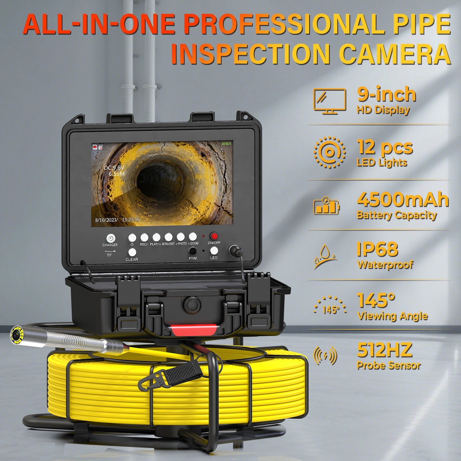Sewer Camera DVR Pipe Inspection Camera with 512hz Self-leveling Borescope 100ft