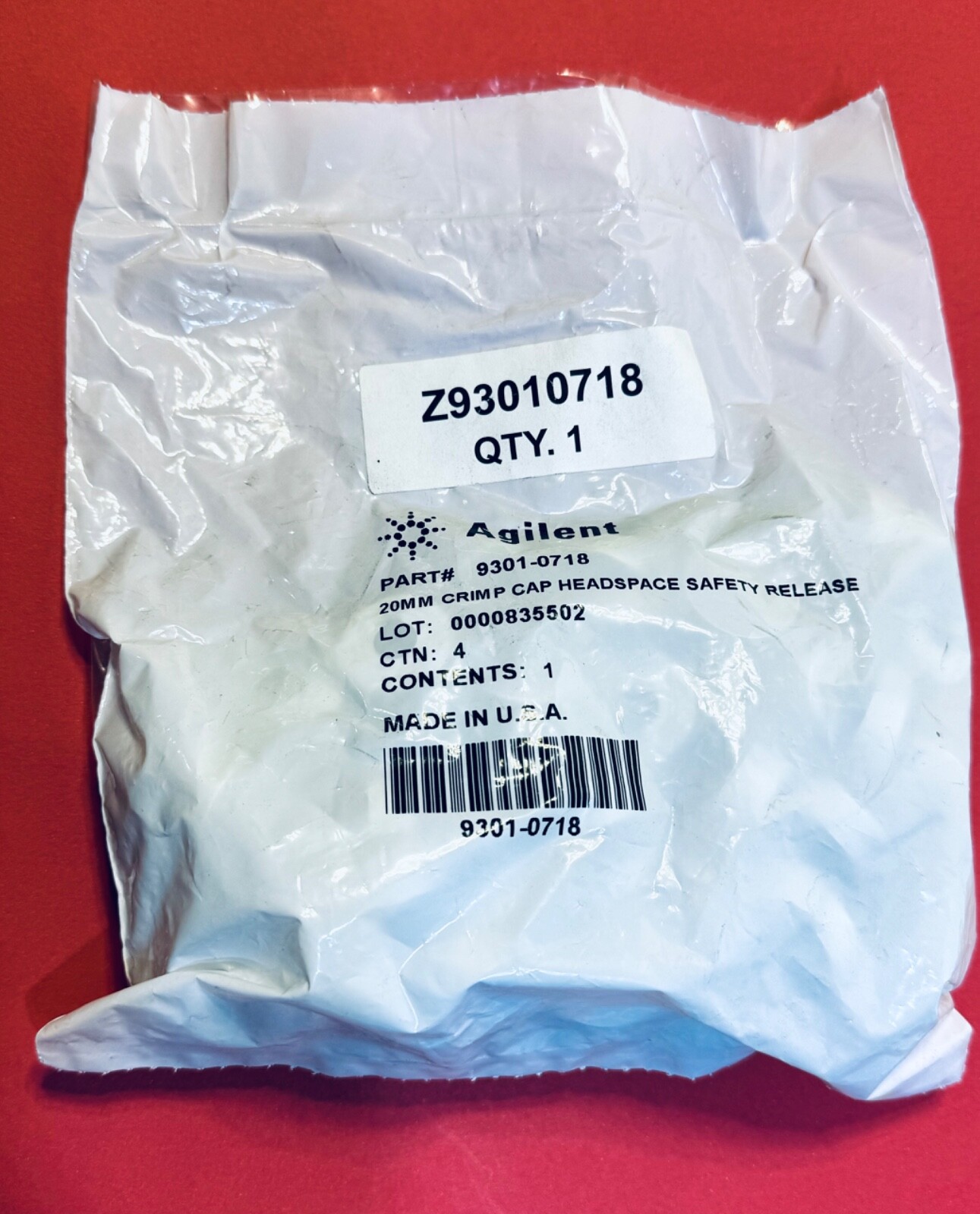 Bag of 100 each Agilent 9301-0718 20mm Crimp Cap Headspace Safety Release