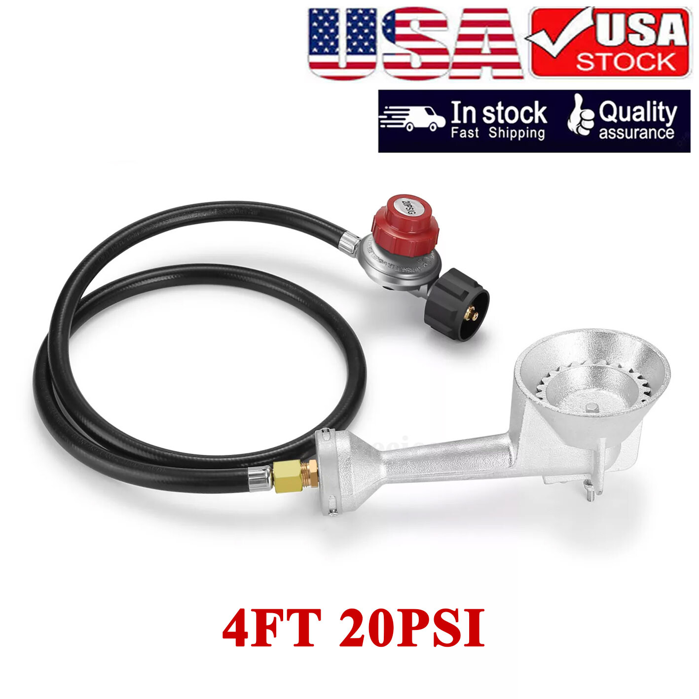 Cast Iron Round Propane Burner 4FT 20PSI High Pressure Regulator Hose & Fitting