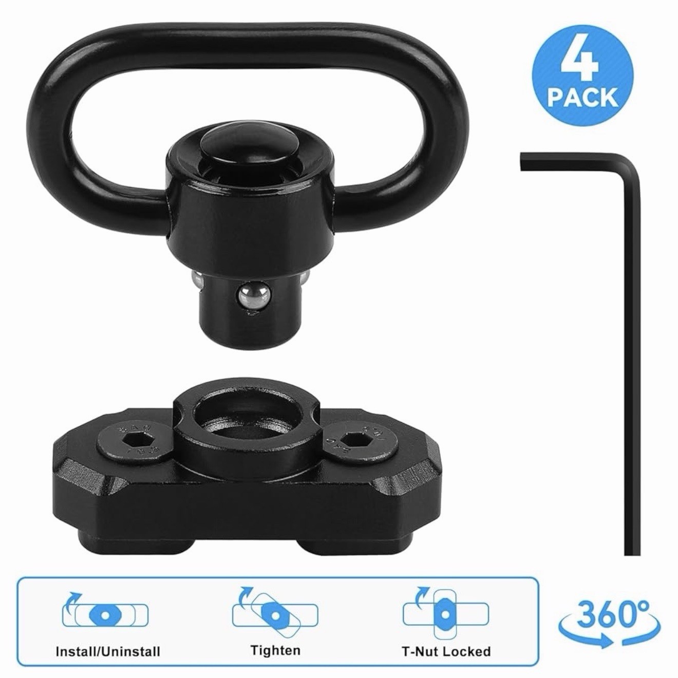 4-pack M-LOK MLOK Quick Release Sling Mount Push Button QD Sling Swivel 360 Rota