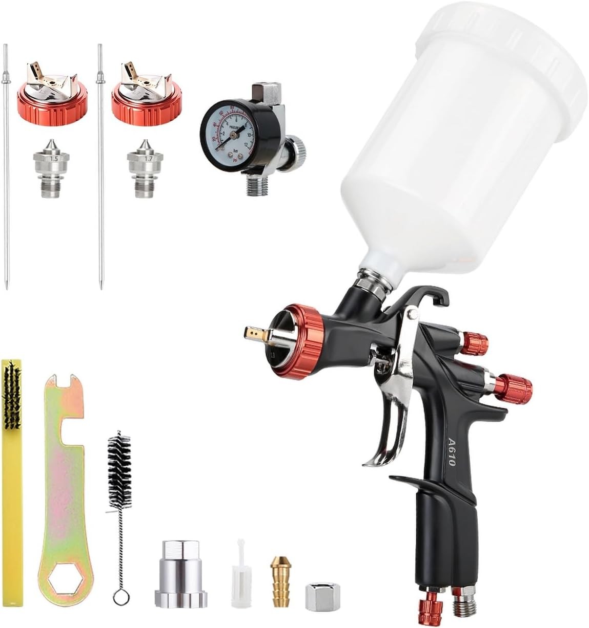 R500 LVLP Air Spray Gun with 1.3/1.5/1.7mm Nozzles & Air Regulator,A610 Paint