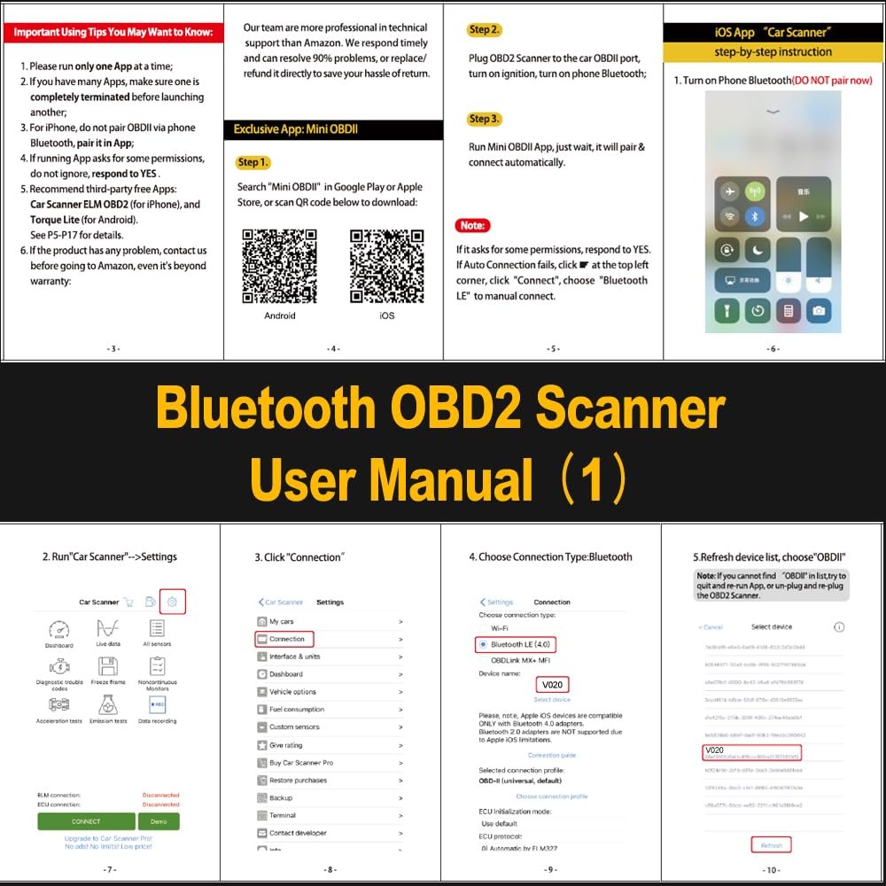 FlyroadUp OBD2 Scanner Bluetooth for iPhone iOS Android OBDII Diagnostic Scan...