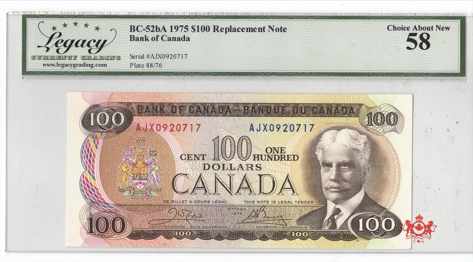 1975 Bank Of Canada 100$ Crow/Bouey Replacement AJX0920717 - Legacy AU58 -