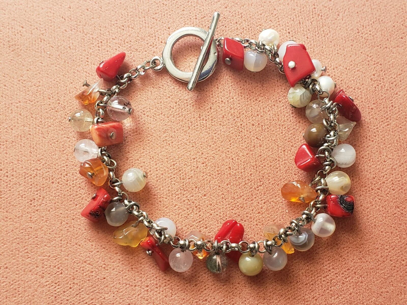 HANDMADE GENUINE * CORAL & MORE * STONE BRACELET, 7.5 INCHES LONG