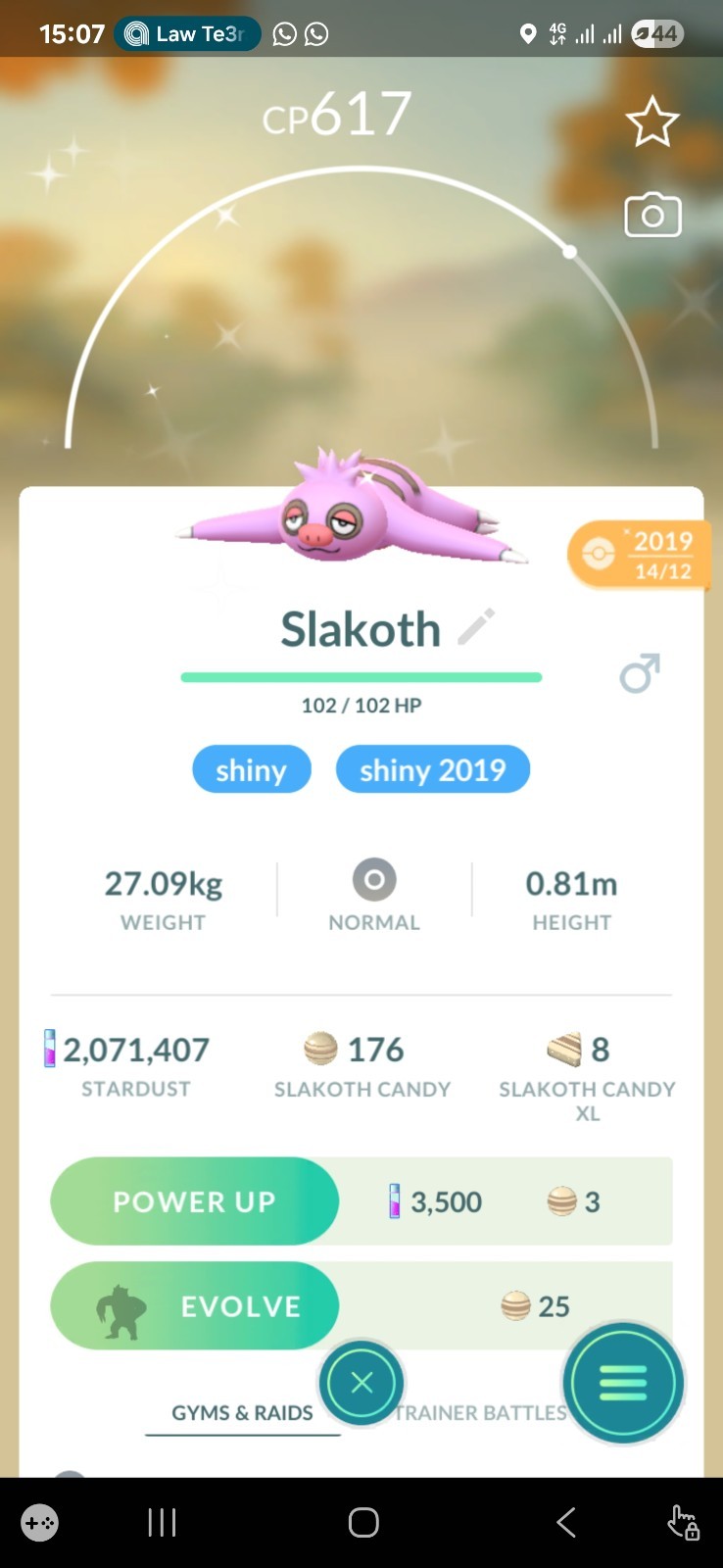 Shiny Slakoth ( Caught In 2019 ) Pokemon Tr@de Go