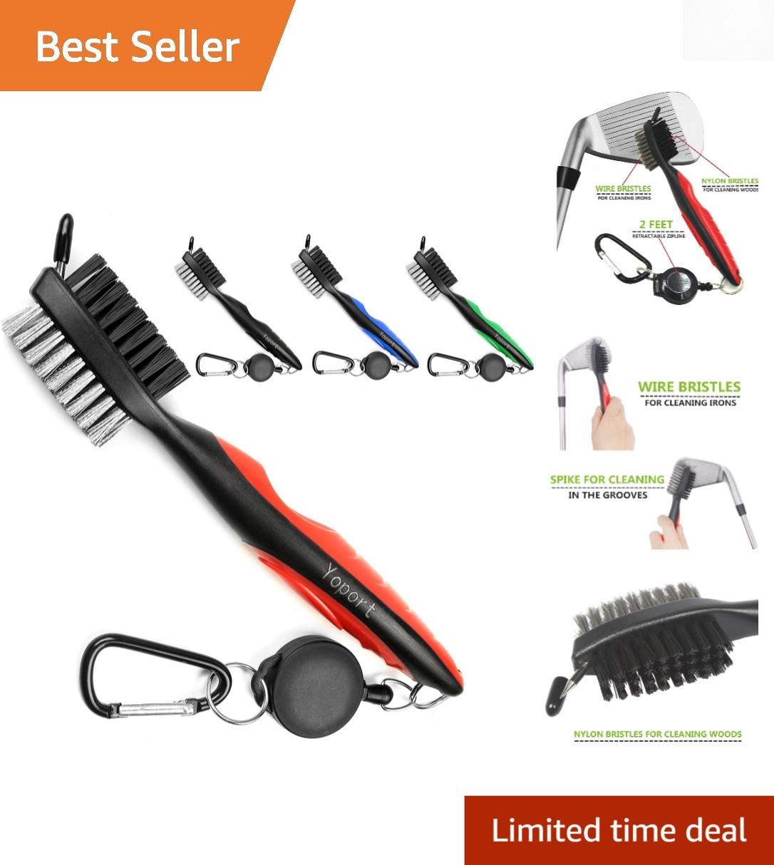 Compact Golf Brush with Wire Bristles & Carabiner - Essential Golf Accessory