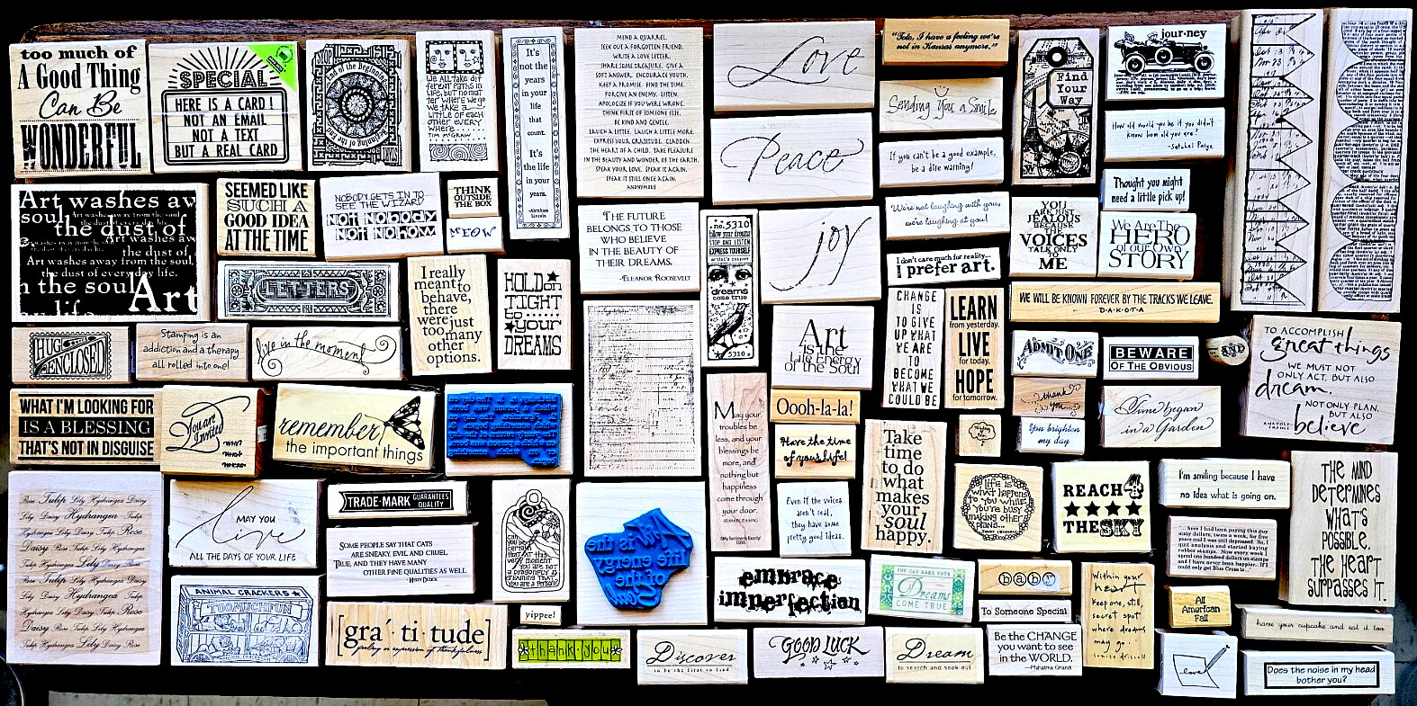 Pick from 150 unused classic RUBBER STAMPS featuring SENTIMENTS, WIT, QUOTATIONS