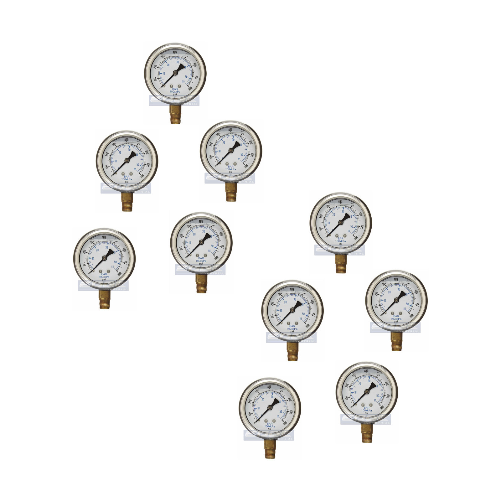 10 PACK LIQUID FILLED PRESSURE GAUGE 0-800 PSI, 2.5" FACE, 1/4" NPT LOWER MOUNT
