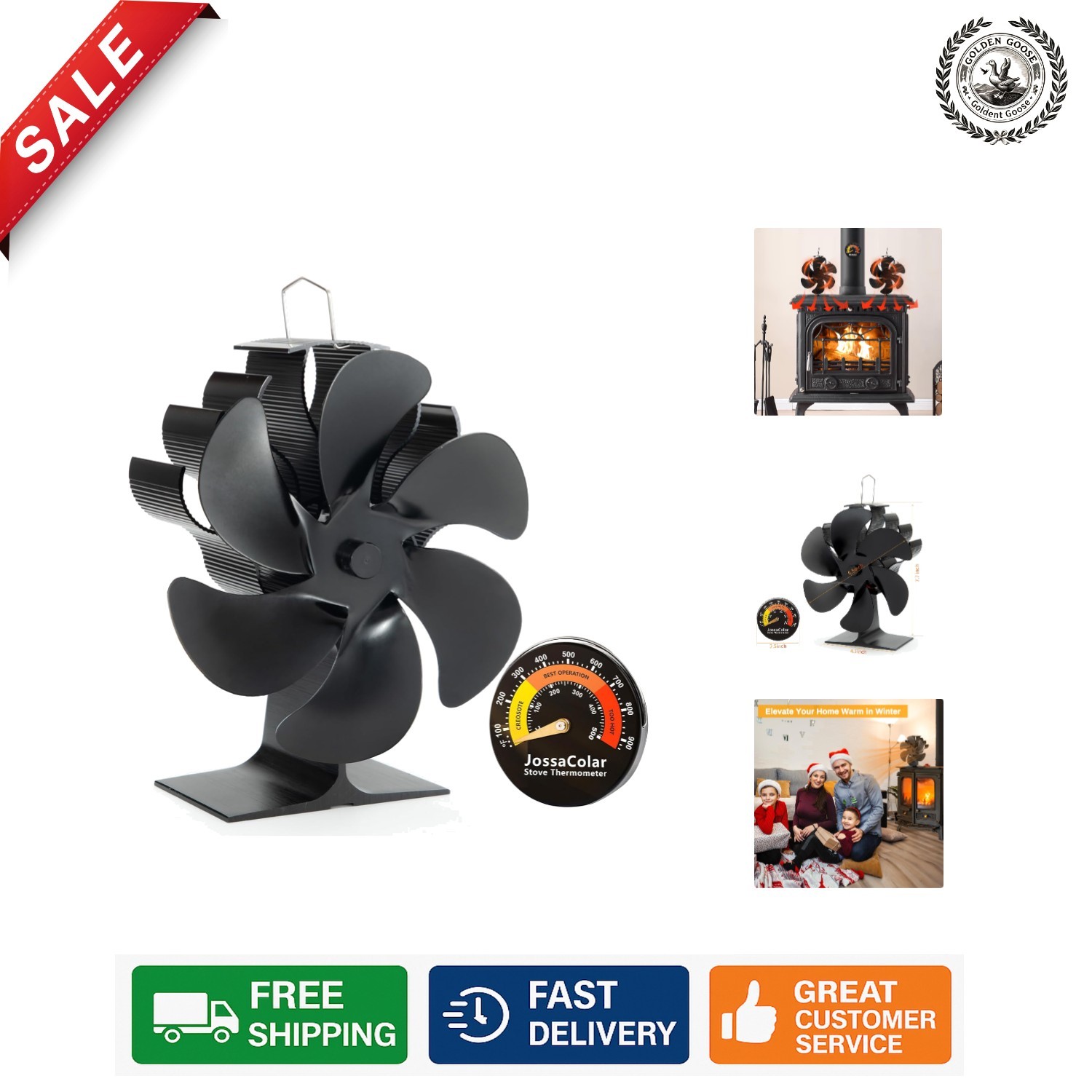Heat Powered Wood Stove Fan - Silent Non-Electric Thermo Fan with Thermometer