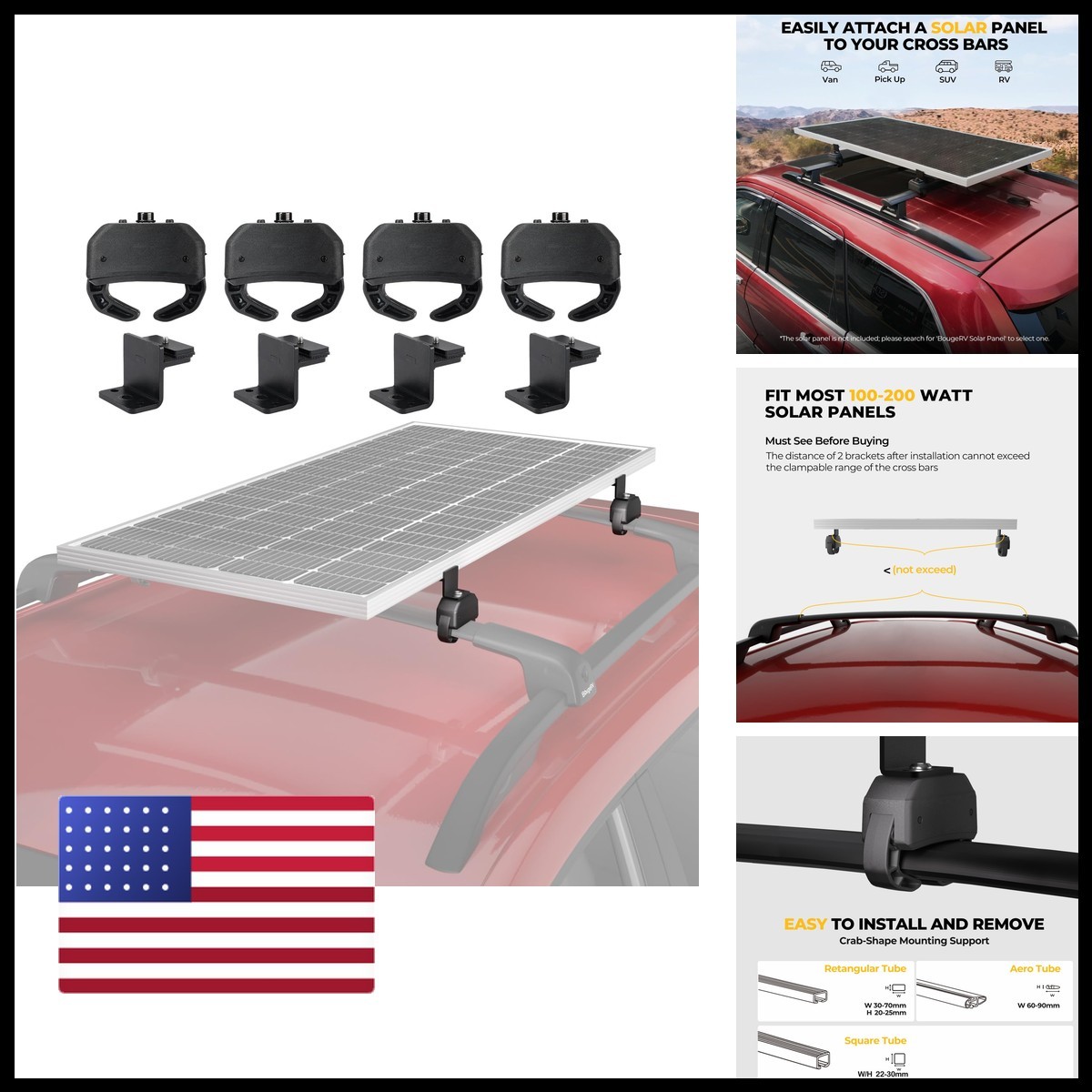Bougerv Solar Panel Crab Mounting Kit For Cars Cross Bars Roof Rack Clamps Fits