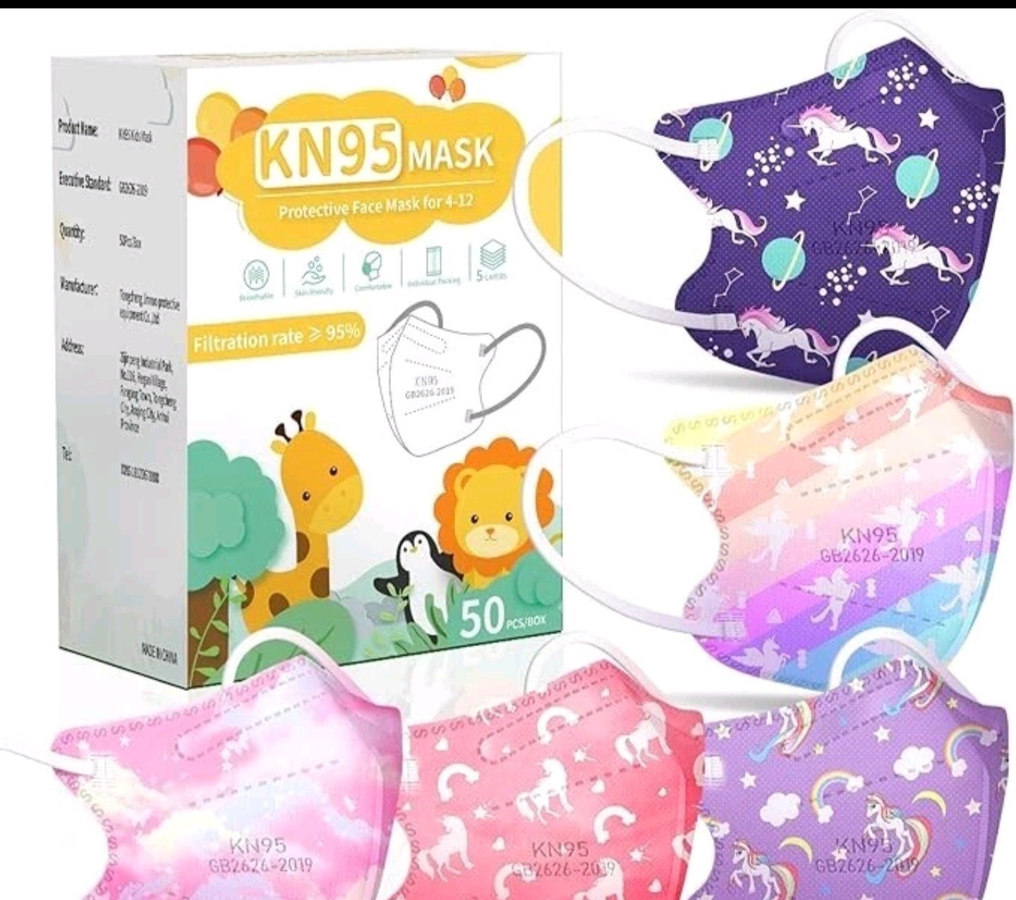 Kids KN95 Face Mask Disposable - Kid Unicorn, Children Small Size Age 4-12 5 Lay