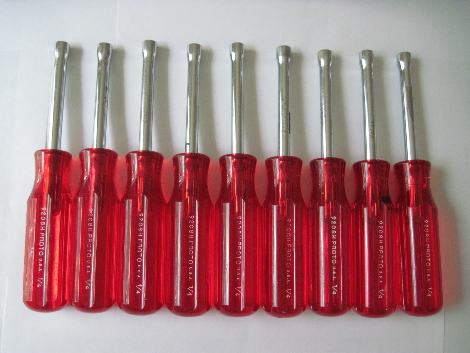 Lot of 9 Proto 9208H Nut Drivers 1/4" Red Handle - Made in the USA