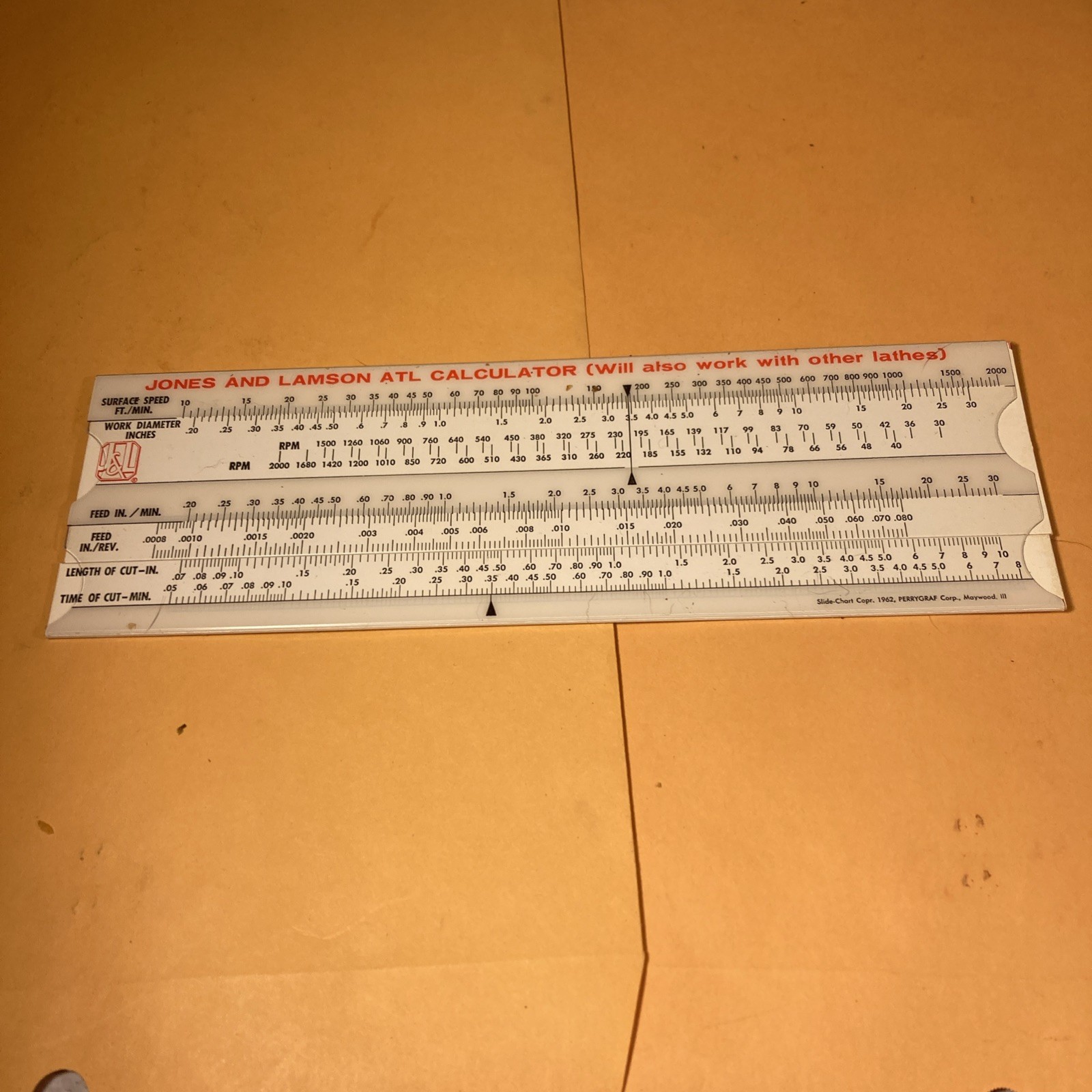 1962 Slide Chart Jones And Lamson ATL Lathe Calculator Slide Ruler
