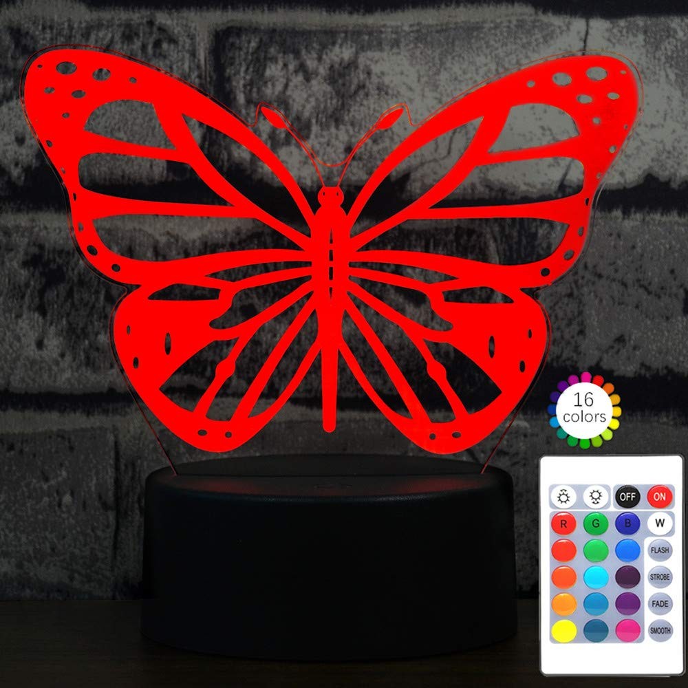 Butterfly 3D Night Light Illusion Lamp Touch Remote 7Color Auto Change USB Cable