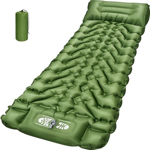 Camping Sleeping Pad, Backpacking Sleeping Pad with Built-in Pillow and Green
