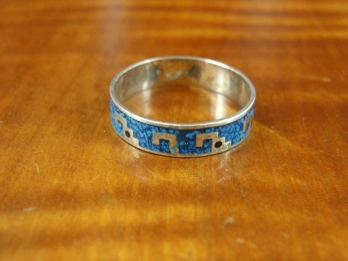 Blue Enamel Inlays Southwestern Design Sterling Silver 925 Band Ring Size 6