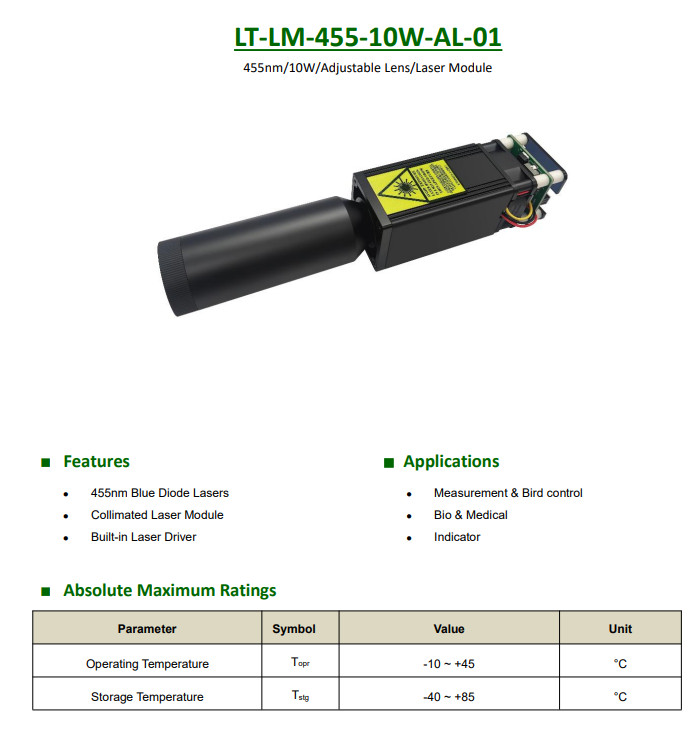 455nm 10W Adjustable Lens Collimated Laser Module