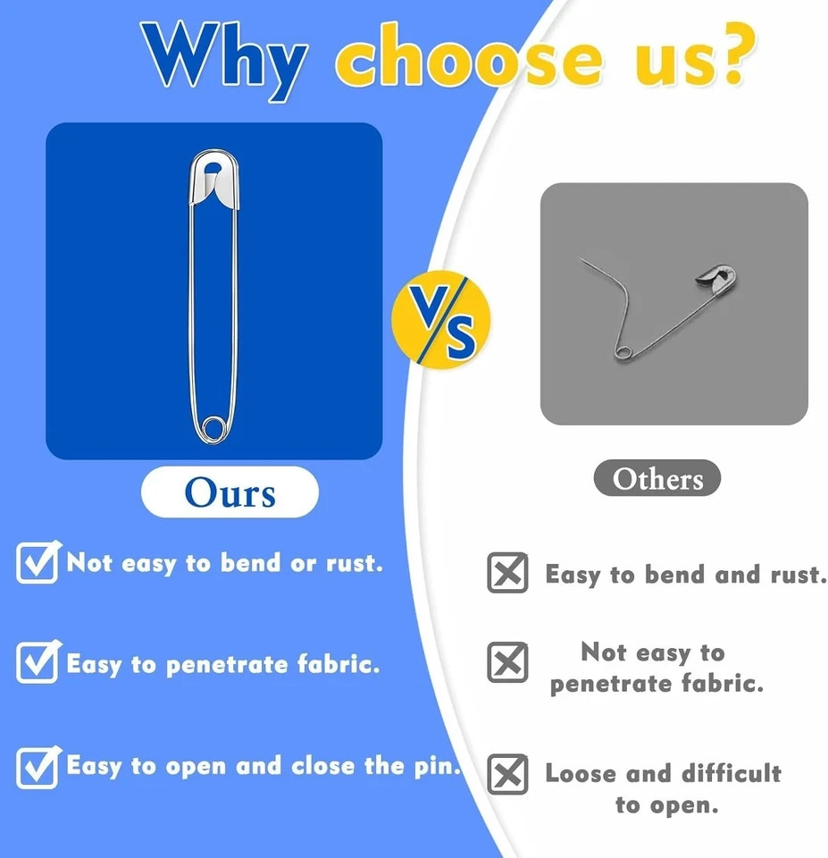 500 Ps 5 Sizes Safety Pins Assorted Size Rust-Resistant Nickel Plated Steel Asso