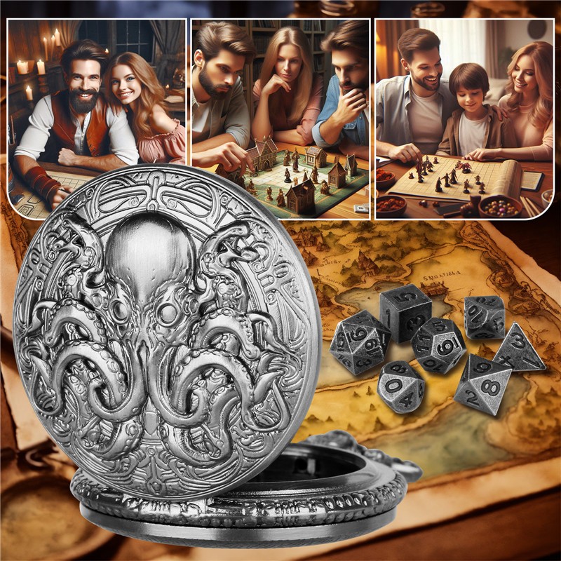 7pcs Solid Metal Polyhedral DND Dice Set in Octopus Pocket Watch Case with Chain