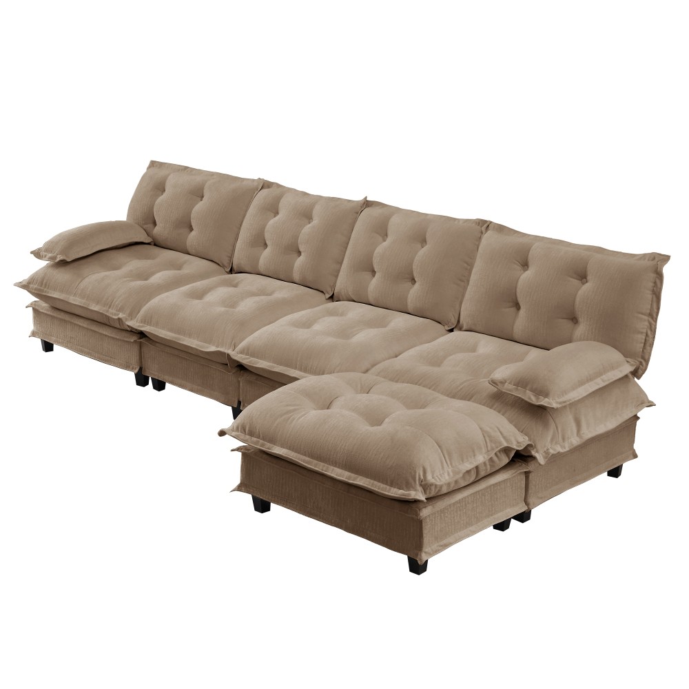 4 Seat L Shaped Sectional Sofa with Ottoman, Chenille Cloud Couch
