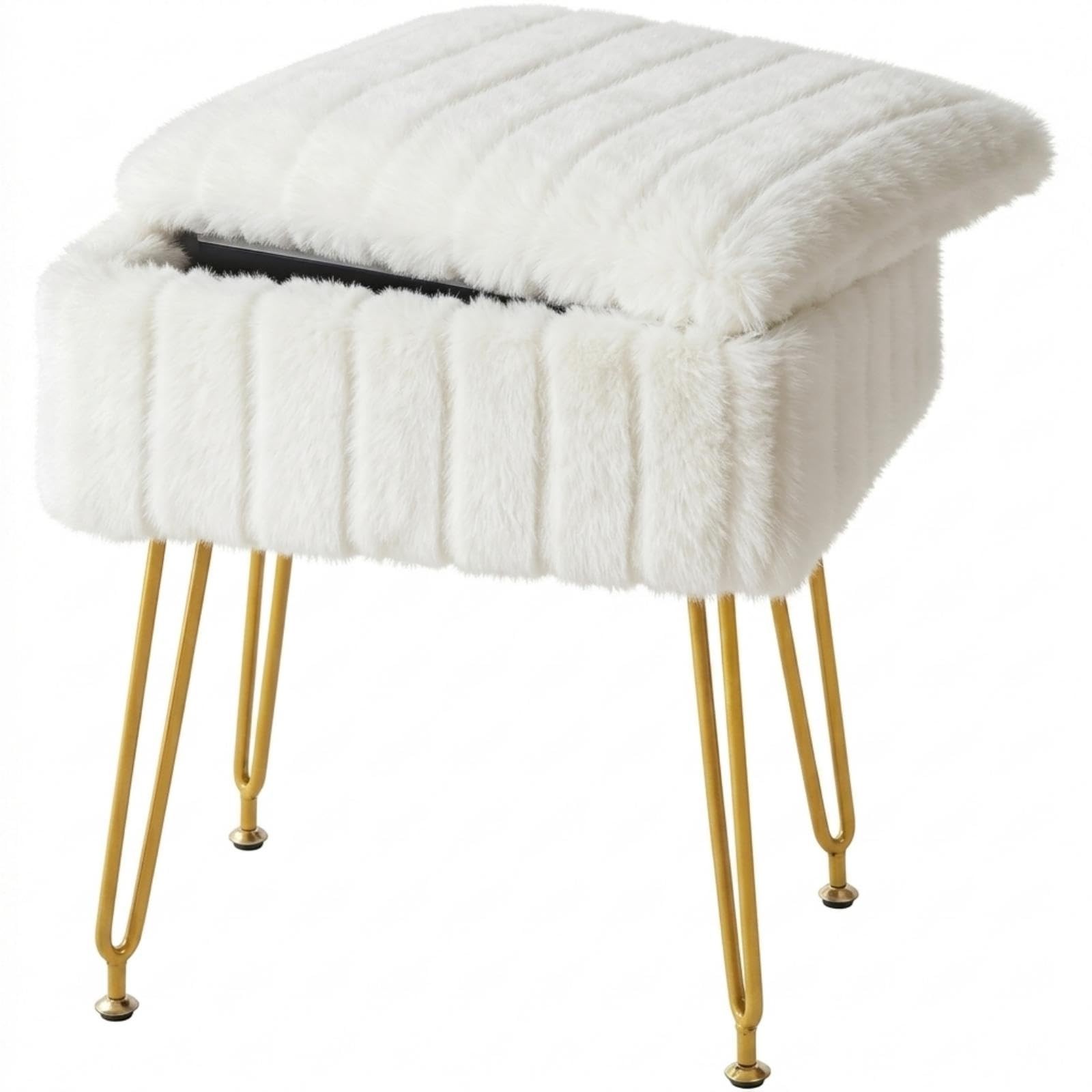 White Faux Fur Vanity Stool Storage Ottoman Makeup Chair 4 Metal Legs Seat