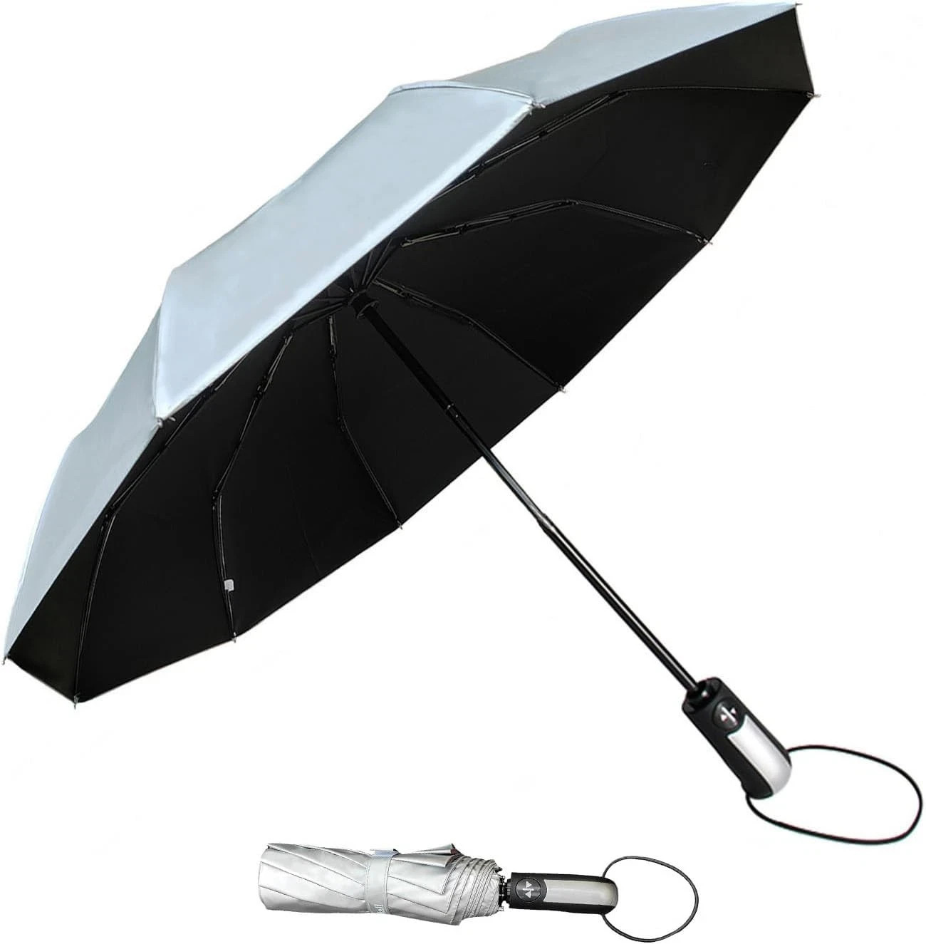 TradMall Travel Umbrella Windproof with 46 Inches 46 Inches, Silver/Black