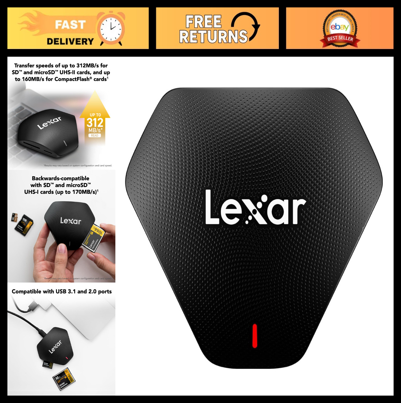 3-in-1 USB 3.1 Card Reader for SD, microSD & CF Cards - USB-C & USB-A Cables Inc
